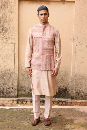 Aum By Asit And Ashima Pink Silk Textured Pattern Bundi Set 