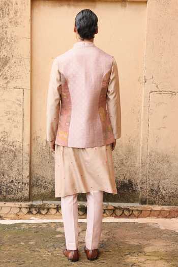 Aum By Asit And Ashima Pink Silk Textured Pattern Bundi Set 