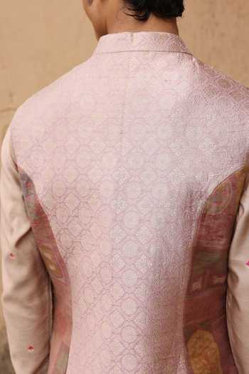 Shop Aum By Asit And Ashima Pink Tissue, Brocade, Silk, Chanderi, Cotton, Lycra Textured Pattern Bundi Set Online at Aza Fashions Shop_Aum By Asit And Ashima_Pink Tissue, Brocade, Silk, Chanderi, Cotton, Lycra Textured Pattern Bundi Set _Online_at_Aza_Fashions