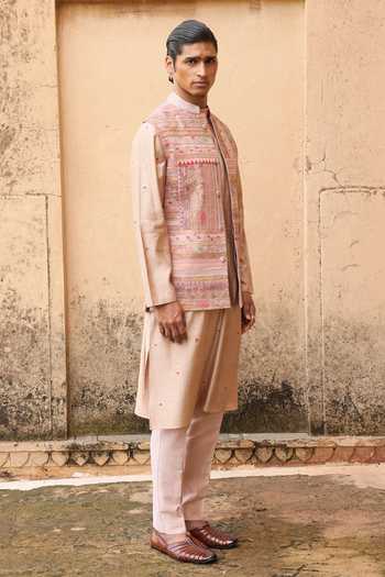 Aum By Asit And Ashima Pink Tissue, Brocade, Silk, Chanderi, Cotton, Lycra Textured Pattern Bundi Set at Aza Fashions Aum By Asit And Ashima_Pink Tissue, Brocade, Silk, Chanderi, Cotton, Lycra Textured Pattern Bundi Set _at_Aza_Fashions