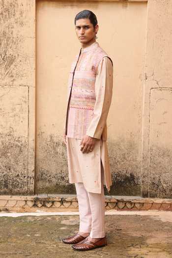 Buy Aum By Asit And Ashima Pink Tissue, Brocade, Silk, Chanderi, Cotton, Lycra Textured Pattern Bundi Set Buy_Aum By Asit And Ashima_Pink Tissue, Brocade, Silk, Chanderi, Cotton, Lycra Textured Pattern Bundi Set