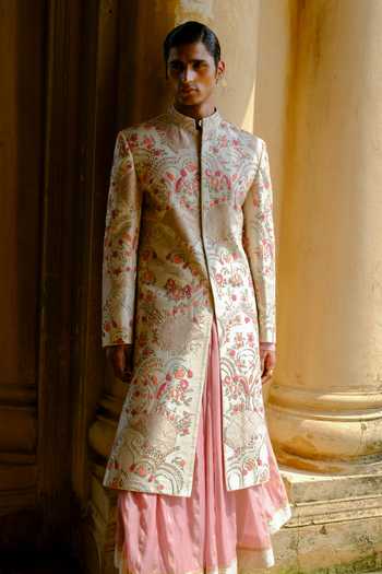 Aum By Asit And Ashima_Ivory Silk, Chanderi Silk, Cotton, Lycra Embroidered Sherwani Set _Online_at_Aza_Fashions