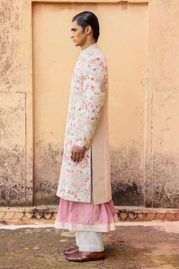 Shop Aum By Asit And Ashima Ivory Silk, Chanderi Silk, Cotton, Lycra Embroidered Sherwani Set Online at Aza Fashions Shop_Aum By Asit And Ashima_Ivory Silk, Chanderi Silk, Cotton, Lycra Embroidered Sherwani Set _Online_at_Aza_Fashions