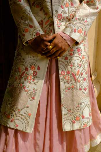 Aum By Asit And Ashima_Ivory Silk, Chanderi Silk, Cotton, Lycra Embroidered Sherwani Set _at_Aza_Fashions