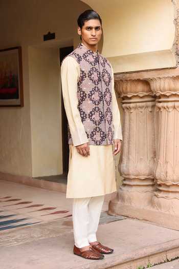 Aum By Asit And Ashima Brown Tissue, Silk, Cotton, Lycra Embroidery Cream Kurta Set With Bundi Online at Aza Fashions Aum By Asit And Ashima_Brown Tissue, Silk, Cotton, Lycra Embroidery Cream Kurta Set With Bundi _Online_at_Aza_Fashions