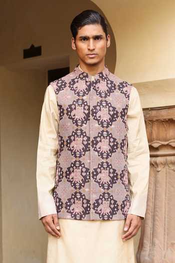 Buy Aum By Asit And Ashima Brown Tissue, Silk, Cotton, Lycra Embroidery Cream Kurta Set With Bundi Online at Aza Fashions Buy_Aum By Asit And Ashima_Brown Tissue, Silk, Cotton, Lycra Embroidery Cream Kurta Set With Bundi _Online_at_Aza_Fashions