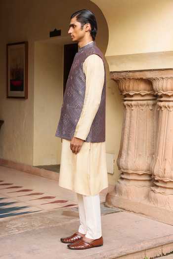 Shop Aum By Asit And Ashima Brown Tissue, Silk, Cotton, Lycra Embroidery Cream Kurta Set With Bundi Online at Aza Fashions Shop_Aum By Asit And Ashima_Brown Tissue, Silk, Cotton, Lycra Embroidery Cream Kurta Set With Bundi _Online_at_Aza_Fashions