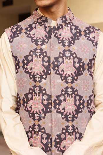 Aum By Asit And Ashima Brown Tissue, Silk, Cotton, Lycra Embroidery Cream Kurta Set With Bundi at Aza Fashions Aum By Asit And Ashima_Brown Tissue, Silk, Cotton, Lycra Embroidery Cream Kurta Set With Bundi _at_Aza_Fashions