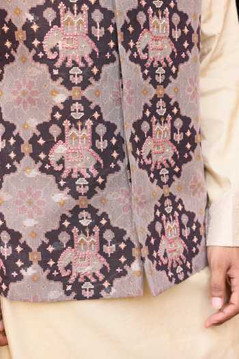 Buy Aum By Asit And Ashima Brown Tissue, Silk, Cotton, Lycra Embroidery Cream Kurta Set With Bundi Buy_Aum By Asit And Ashima_Brown Tissue, Silk, Cotton, Lycra Embroidery Cream Kurta Set With Bundi