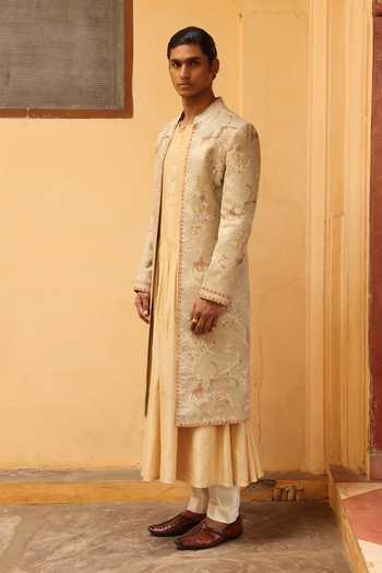 Aum By Asit And Ashima Ivory Jacquard, Chanderi Silk, Cotton, Lycra Embroidered Sherwani Set Online at Aza Fashions Aum By Asit And Ashima_Ivory Jacquard, Chanderi Silk, Cotton, Lycra Embroidered Sherwani Set _Online_at_Aza_Fashions