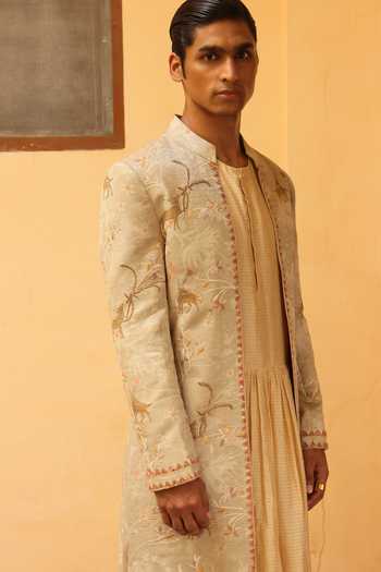 Buy Aum By Asit And Ashima Ivory Jacquard, Chanderi Silk, Cotton, Lycra Embroidered Sherwani Set Online at Aza Fashions Buy_Aum By Asit And Ashima_Ivory Jacquard, Chanderi Silk, Cotton, Lycra Embroidered Sherwani Set _Online_at_Aza_Fashions