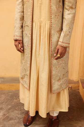 Shop Aum By Asit And Ashima Ivory Jacquard, Chanderi Silk, Cotton, Lycra Embroidered Sherwani Set Online at Aza Fashions Shop_Aum By Asit And Ashima_Ivory Jacquard, Chanderi Silk, Cotton, Lycra Embroidered Sherwani Set _Online_at_Aza_Fashions