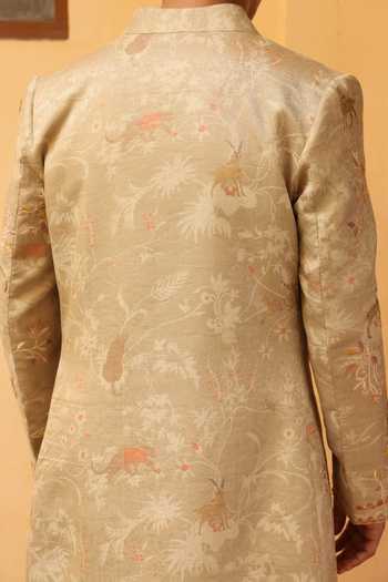 Aum By Asit And Ashima Ivory Jacquard, Chanderi Silk, Cotton, Lycra Embroidered Sherwani Set at Aza Fashions Aum By Asit And Ashima_Ivory Jacquard, Chanderi Silk, Cotton, Lycra Embroidered Sherwani Set _at_Aza_Fashions