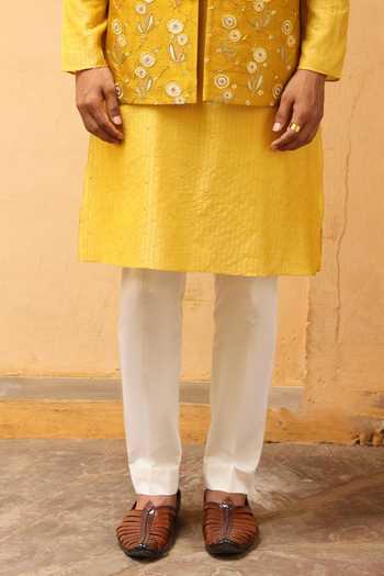 Aum By Asit And Ashima_Yellow Silk, Brocade, Jacquard, Cotton, Lycra Embroidery Bundi And Kurta Set _Online_at_Aza_Fashions
