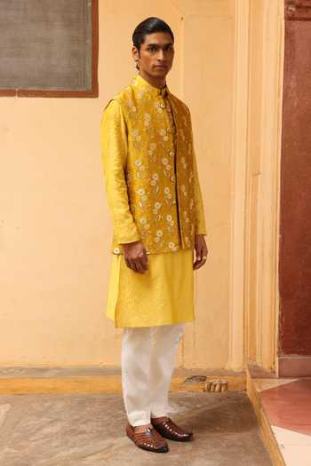 Shop_Aum By Asit And Ashima_Yellow Silk, Brocade, Jacquard, Cotton, Lycra Embroidery Bundi And Kurta Set _Online_at_Aza_Fashions