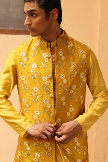 Aum By Asit And Ashima_Yellow Silk, Brocade, Jacquard, Cotton, Lycra Embroidery Bundi And Kurta Set _at_Aza_Fashions
