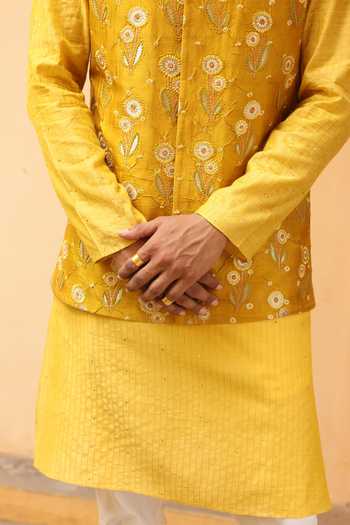 Buy_Aum By Asit And Ashima_Yellow Silk, Brocade, Jacquard, Cotton, Lycra Embroidery Bundi And Kurta Set 