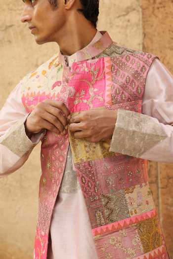 Shop Aum By Asit And Ashima Multi Color Silk, Tissue, Brocade, Cotton, Lycra Zari, Bundi And Kurta Set Shop_Aum By Asit And Ashima_Multi Color Silk, Tissue, Brocade, Cotton, Lycra Zari, Bundi And Kurta Set
