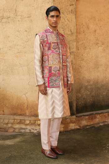 Aum By Asit And Ashima Pink Silk Bundi & Kurta Set