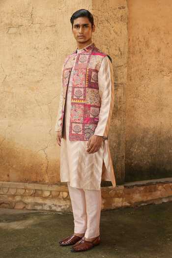 Buy_Aum By Asit And Ashima_Pink Silk, Cotton, Lycra Embroidery, Patchwork Bundi And Kurta Set _Online_at_Aza_Fashions