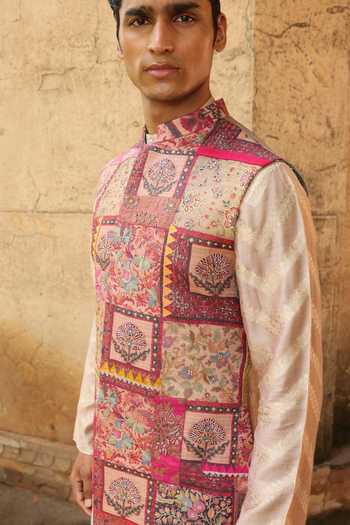 Aum By Asit And Ashima_Pink Silk, Cotton, Lycra Embroidery, Patchwork Bundi And Kurta Set _at_Aza_Fashions