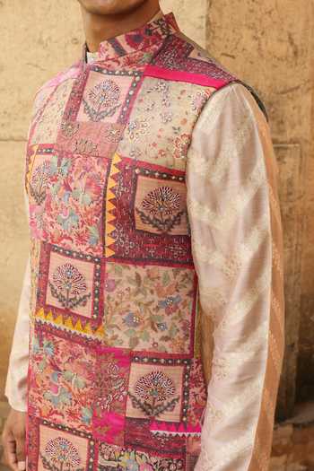 Buy_Aum By Asit And Ashima_Pink Silk, Cotton, Lycra Embroidery, Patchwork Bundi And Kurta Set 