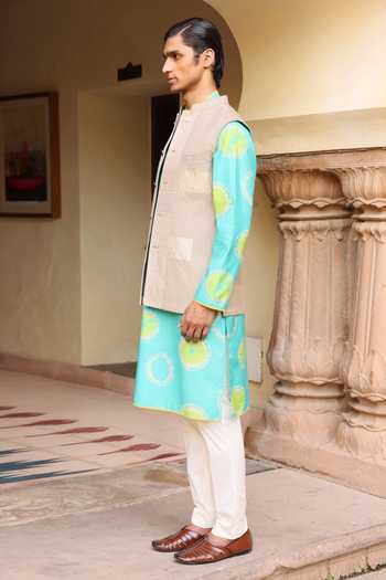 Aum By Asit And Ashima_Beige Silk, Cotton, Lycra Ferozi Kurta Set With Tissue Jacket _Online_at_Aza_Fashions