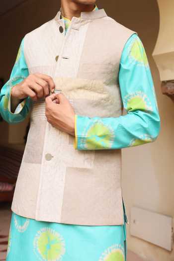 Buy_Aum By Asit And Ashima_Beige Silk, Cotton, Lycra Ferozi Kurta Set With Tissue Jacket _Online_at_Aza_Fashions