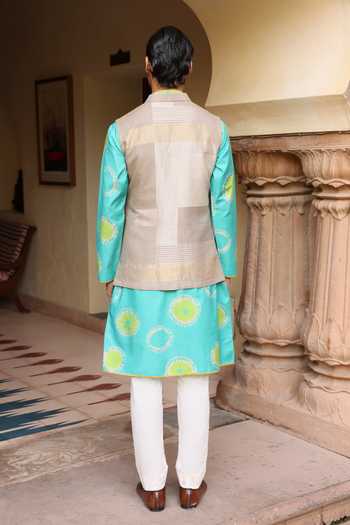 Aum By Asit And Ashima Ferozi Silk Kurta Set With Tissue Jacket 