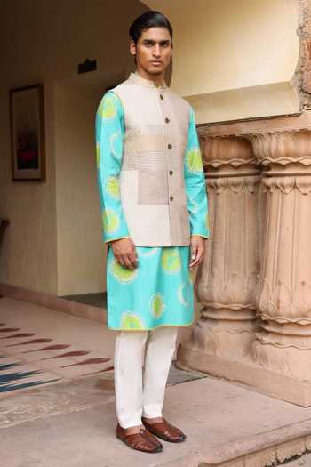 Shop_Aum By Asit And Ashima_Beige Silk, Cotton, Lycra Ferozi Kurta Set With Tissue Jacket _Online_at_Aza_Fashions