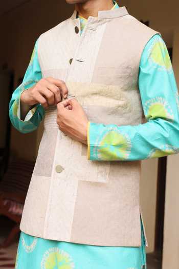 Aum By Asit And Ashima_Beige Silk, Cotton, Lycra Ferozi Kurta Set With Tissue Jacket _at_Aza_Fashions