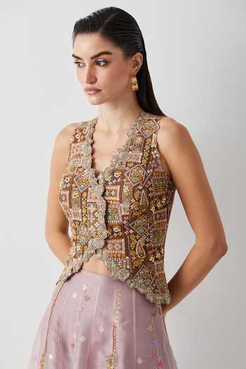 Aum By Asit And Ashima_Beige , Organza Embroidery, Sequins, Beads, Zari, Corset And Skirt Set _Online_at_Aza_Fashions