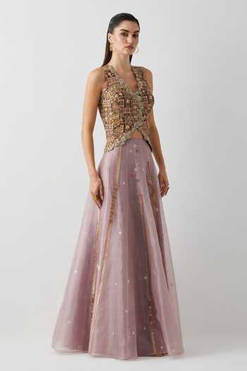 Buy_Aum By Asit And Ashima_Beige , Organza Embroidery, Sequins, Beads, Zari, Corset And Skirt Set _Online_at_Aza_Fashions
