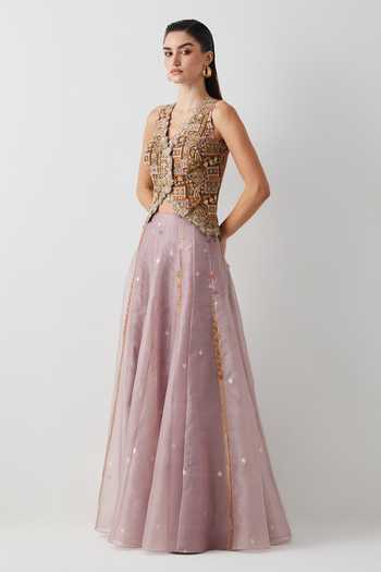 Shop_Aum By Asit And Ashima_Beige , Organza Embroidery, Sequins, Beads, Zari, Corset And Skirt Set _Online_at_Aza_Fashions