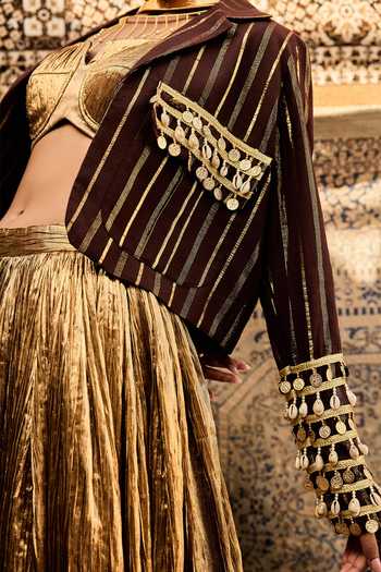 Buy_ASHNA VASWANI_Gold Cotton, Silk, Jacquard Open Neck Crushed Skirt Set _Online_at_Aza_Fashions