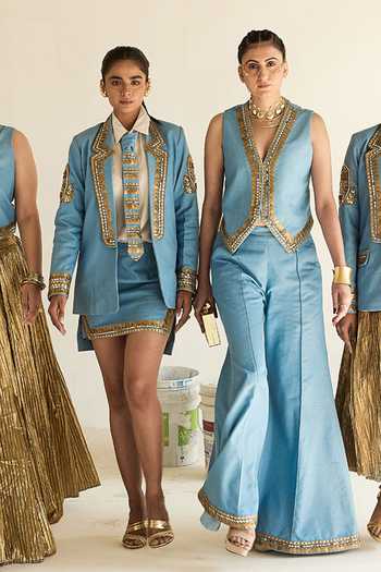 ASHNA VASWANI_Blue Silk, Satin, Jacquard, Denim V-neck Embellished Blazer And Lehenga Set _Online_at_Aza_Fashions