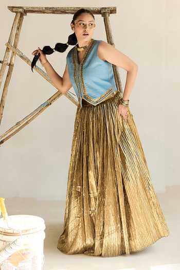Buy_ASHNA VASWANI_Blue Silk, Satin, Jacquard, Denim V-neck Embellished Blazer And Lehenga Set _Online_at_Aza_Fashions