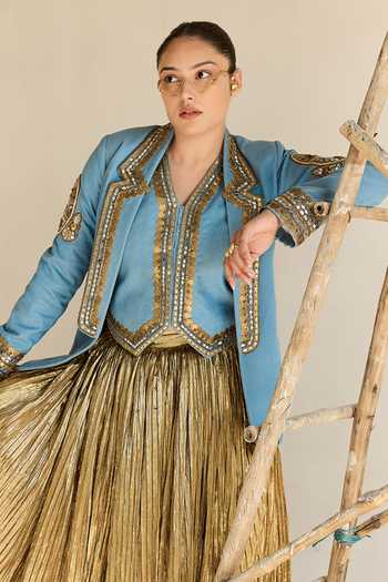 Buy_ASHNA VASWANI_Blue Silk, Satin, Jacquard, Denim V-neck Embellished Blazer And Lehenga Set 