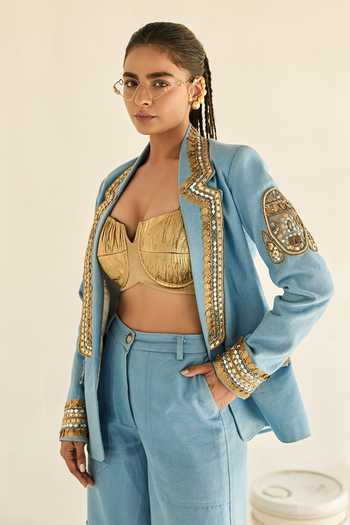 ASHNA VASWANI_Blue Denim, Silk, Jacquard Sweetheart Neck Blazer Set With Gold Bustier _at_Aza_Fashions
