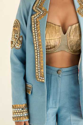 Buy_ASHNA VASWANI_Blue Denim, Silk, Jacquard Sweetheart Neck Blazer Set With Gold Bustier 