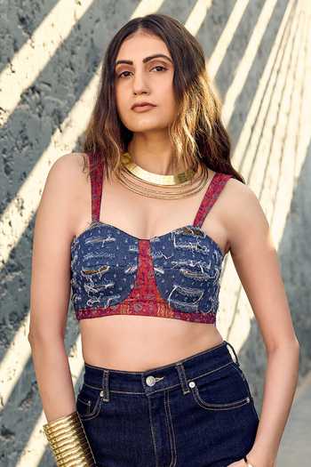 ASHNA VASWANI Blue Satin, Denim V-neck Embellished Coin And Mirror Waistcoat Online at Aza Fashions ASHNA VASWANI_Blue Satin, Denim V-neck Embellished Coin And Mirror Waistcoat _Online_at_Aza_Fashions