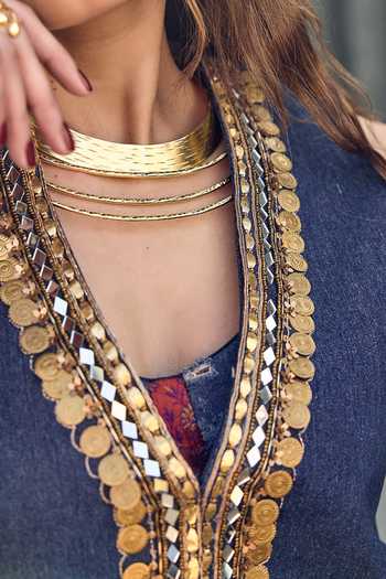 Buy ASHNA VASWANI Blue Satin, Denim V-neck Embellished Coin And Mirror Waistcoat Buy_ASHNA VASWANI_Blue Satin, Denim V-neck Embellished Coin And Mirror Waistcoat