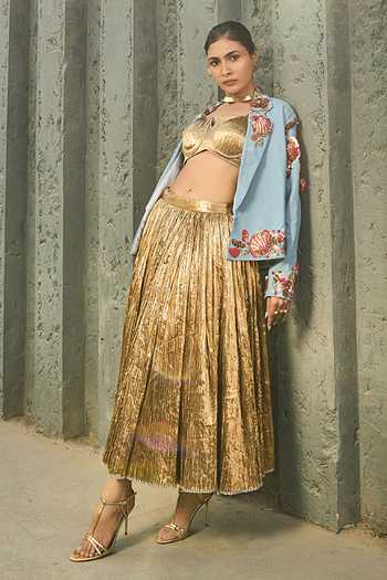 ASHNA VASWANI_Blue Denim, Silk, Jacquard Sweetheart Neck Handwork Blazer And Skirt Set _Online_at_Aza_Fashions