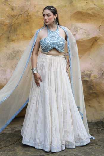 Buy_ASHNA VASWANI_Ivory Cotton, Denim Halter Neck Striped Lehenga Set 