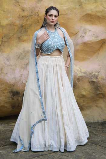 Shop_ASHNA VASWANI_Ivory Cotton, Denim Halter Neck Striped Lehenga Set 