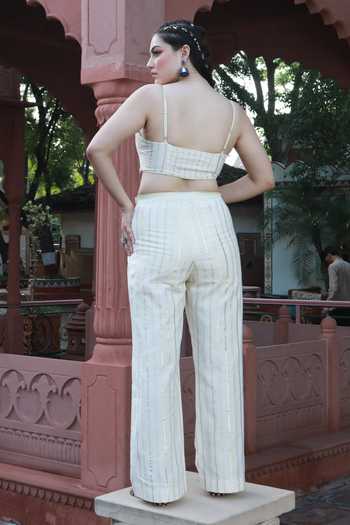 Buy_ASHNA VASWANI_Ivory Cotton, Kota Doria Round Neck Colorblock Kurta And Pant Set _Online_at_Aza_Fashions