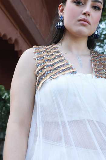 Shop_ASHNA VASWANI_Ivory Cotton, Kota Doria Round Neck Colorblock Kurta And Pant Set _Online_at_Aza_Fashions