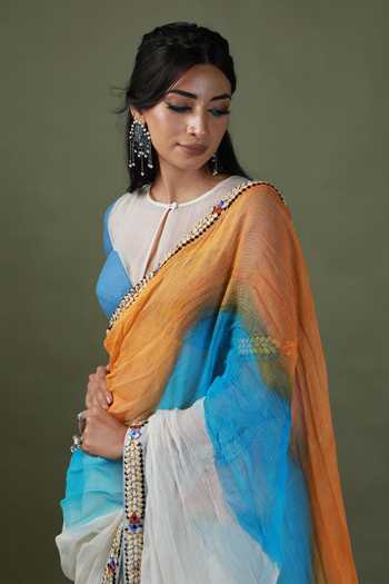 Buy_ASHNA VASWANI_Blue Cotton, Denim, Kota Doria Round Neck Hand Painted And Sequin Work Saree Set 