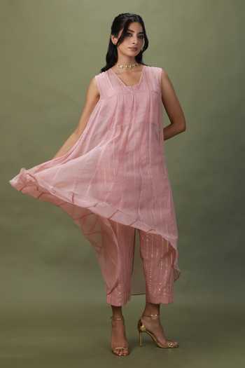 Buy_ASHNA VASWANI_Pink Kota Doria, Cotton Square Neck Coin Lace Work Jacket Set _Online_at_Aza_Fashions