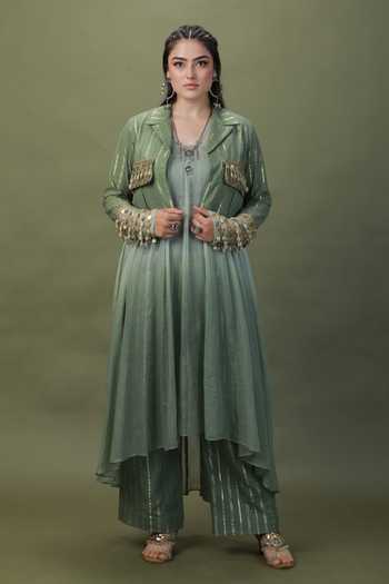 Buy_ASHNA VASWANI_Green Cotton, Kota Doria Collared Neck Cropped Jacket And Striped Pant Set _Online_at_Aza_Fashions